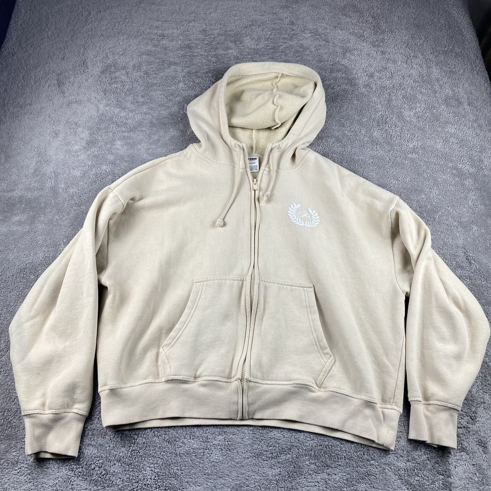 Victorias Secret PINK Limited Edition Zip Hoodie Womens Medium Beige Long Sleeve